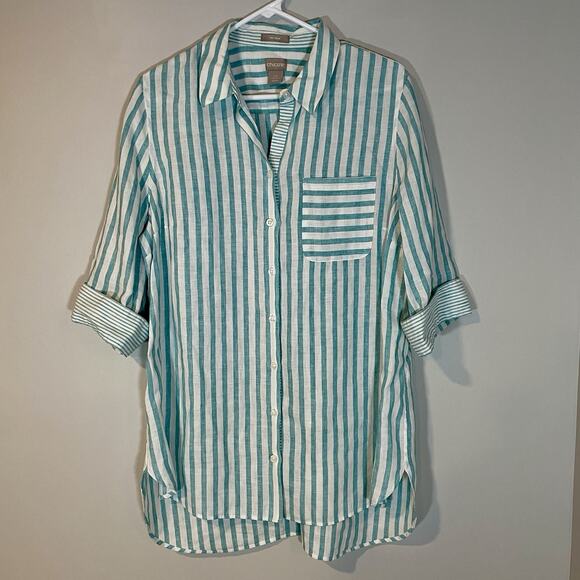 Chico's No Iron Sz 2.5 (US 14) Blue White 3/4 Sleeve Striped Linen Shirt Tunic - Picture 1 of 8